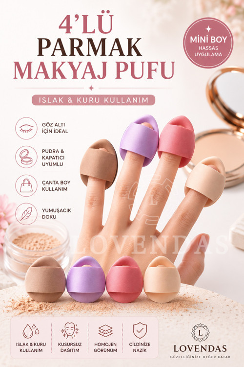 4 Adet Parmak Makyaj Süngeri - Islak Ve Kuru Kullanım - Mini Puf Sünger