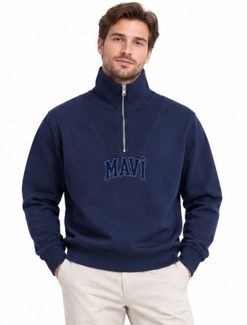 Mavi M0S20212-84371 Mavi Logo Baskılı Yarım Fermuarlı Erkek Sweatshirt