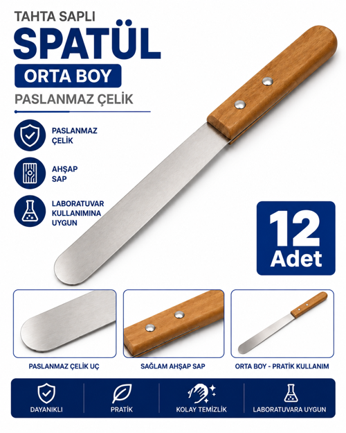 Tahta Saplı Spatül Bıçak Orta Boy - Paslanmaz Spatula 12 Adet