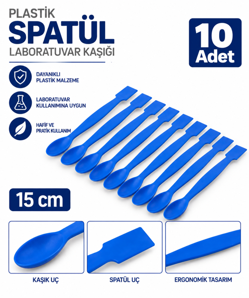 Spatül 15 cm Mavi - Plastik Spatula Laboratuvar Kaşığı - 10 adet