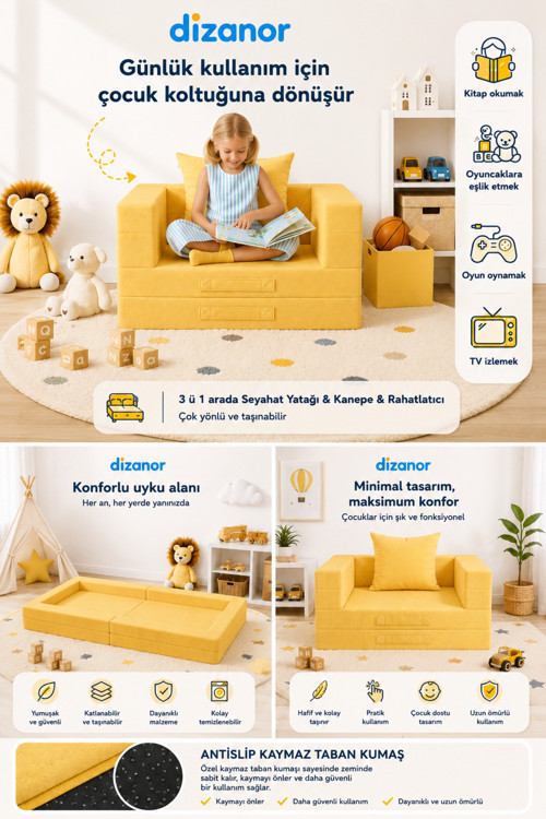 CozyGo Katlanabilir Çocuk Koltuğu ve Yatağı 3’ü 1 Arada Antislip Tabanlı Taşınabilir Oyun Alanı - Sarı