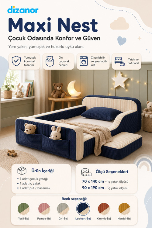 Yeni Nesil Maxi Nest %100 Sünger ve Yıkanabilir Fermuarlı Kumaşa Sahip Bebek, Çocuk ve Genç Montessori Karyola Baza ve Başlık Yatağı Seti - 70 x 140 / Lacivert Fitilli