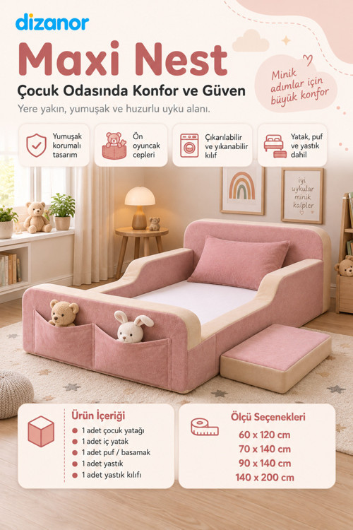 Yeni Nesil Maxi Nest %100 Sünger ve Yıkanabilir Fermuarlı Kumaşa Sahip Bebek, Çocuk ve Genç Montessori Karyola Baza ve Başlık Yatağı Seti - 70 x 140 / Pembe - Bej