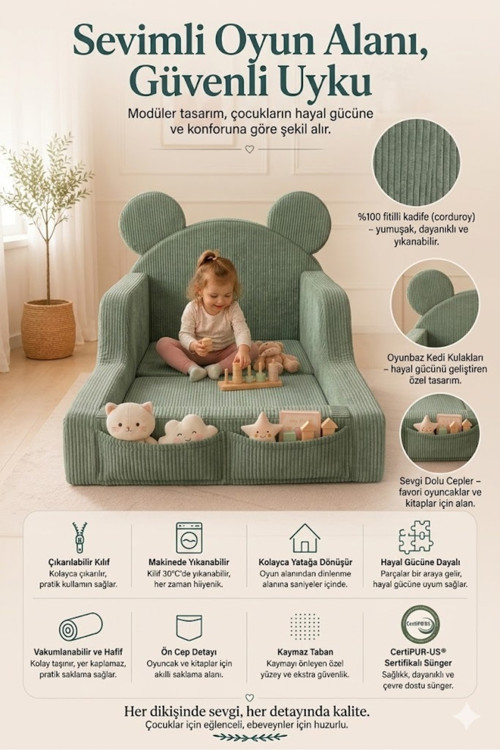 Mini Nest 6’sı 1 Arada Modüler Bebek Oyun Parkı, Park Yatak, Beşik, Baza, Oyun Alanı ve Top Havuzu - 70 x 130 / Koyu Gri Fitilli