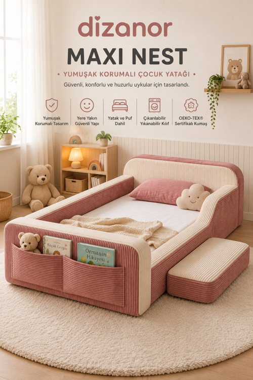 Yeni Nesil Maxi Nest %100 Sünger ve Yıkanabilir Fermuarlı Kumaşa Sahip Bebek, Çocuk ve Genç Montessori Karyola Baza ve Başlık Yatağı Seti - 70 x 140 / Pembe Fitilli