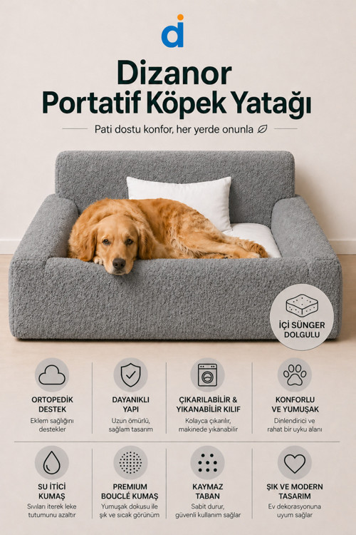 SoftNest 3in1 Modüler Köpek Yatağı– Ortası Bombeli, Sünger Dolgulu, Anti - Slip Tabanlı ve Yastıklı Konfor Seti - Küçük Boy / Gri