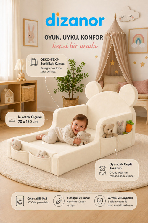 Luxury Tedyy Baza ve Başlıklı Montessori Full Sünger Yatak Seti - 70 x 130 / Krem