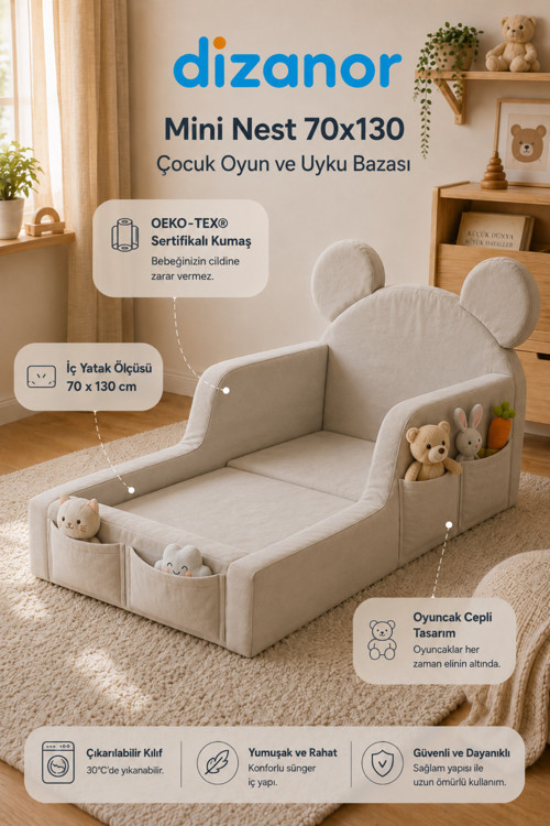 Mini Nest 6’sı 1 Arada Modüler Bebek Oyun Parkı, Park Yatak, Beşik, Baza, Oyun Alanı ve Top Havuzu - 70 x 130 / Krem