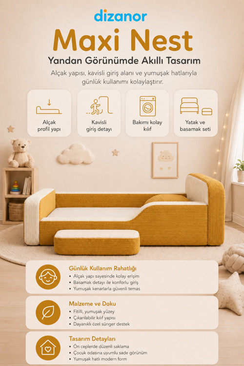 Yeni Nesil Maxi Nest %100 Sünger ve Yıkanabilir Fermuarlı Kumaşa Sahip Bebek, Çocuk ve Genç Montessori Karyola Baza ve Başlık Yatağı Seti - 70 x 140 / Sarı Fitilli
