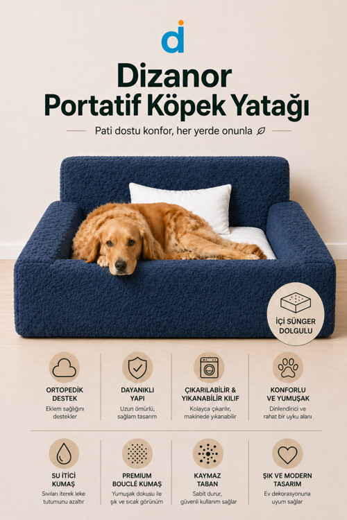 SoftNest 3in1 Modüler Köpek Yatağı– Ortası Bombeli, Sünger Dolgulu, Anti - Slip Tabanlı ve Yastıklı Konfor Seti - Küçük Boy / Lacivert