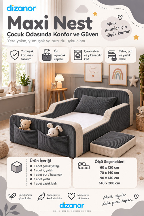 Yeni Nesil Maxi Nest %100 Sünger ve Yıkanabilir Fermuarlı Kumaşa Sahip Bebek, Çocuk ve Genç Montessori Karyola Baza ve Başlık Yatağı Seti - 70 x 140 / Siyah
