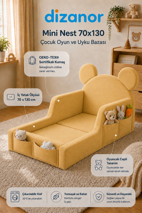 Mini Nest 6’sı 1 Arada Modüler Bebek Oyun Parkı, Park Yatak, Beşik, Baza, Oyun Alanı ve Top Havuzu - 70 x 130 / Sarı