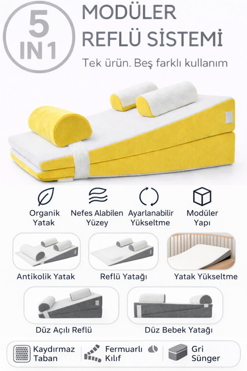 5 in 1 Modüler Bebek Reflü Yatağı – Antikolik - Düz Yatış - 30° Açılı Reflü Yatağı - Sarı