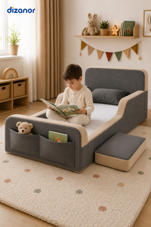 Yeni Nesil Maxi Nest %100 Sünger ve Yıkanabilir Fermuarlı Kumaşa Sahip Bebek, Çocuk ve Genç Montessori Karyola Baza ve Başlık Yatağı Seti - 90 x 190 / Gri - Bej