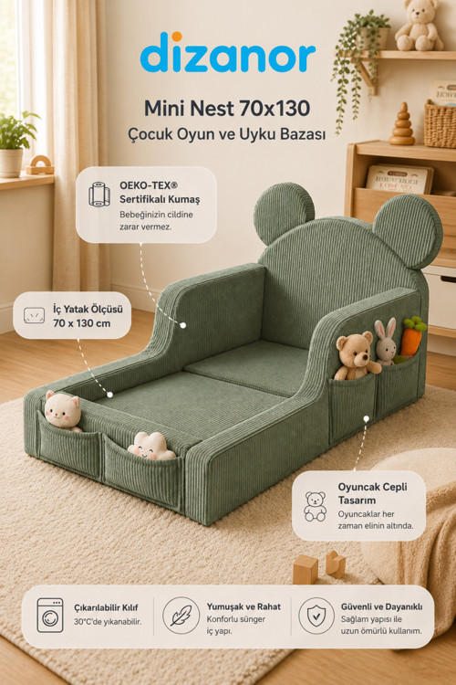 Mini Nest 6’sı 1 Arada Modüler Bebek Oyun Parkı, Park Yatak, Beşik, Baza, Oyun Alanı ve Top Havuzu - 70 x 130 / Yeşil Fitilli