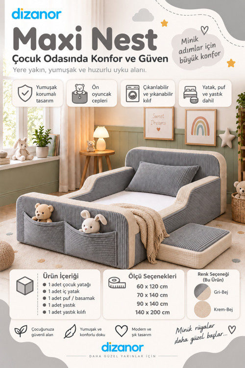 Yeni Nesil Maxi Nest %100 Sünger ve Yıkanabilir Fermuarlı Kumaşa Sahip Bebek, Çocuk ve Genç Montessori Karyola Baza ve Başlık Yatağı Seti - 90 x 190 / Gri Fitilli