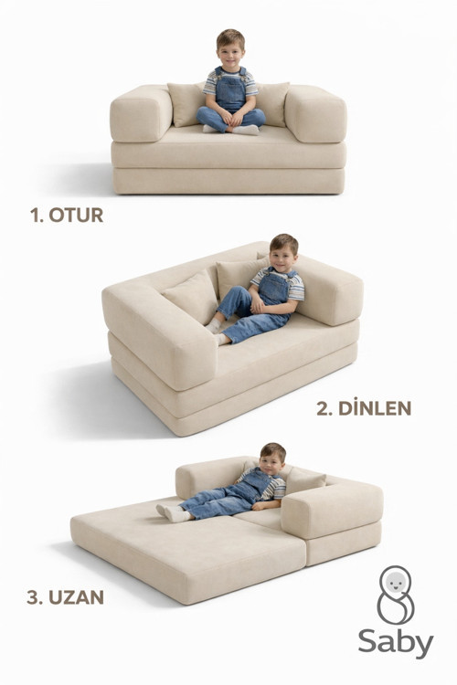 Premium 140x70 cm Modüler Çocuk ve Genç Koltuğu – Yatak Olabilen Sünger Oyun Alanı–Yıkanabilir Kılıf - Bej