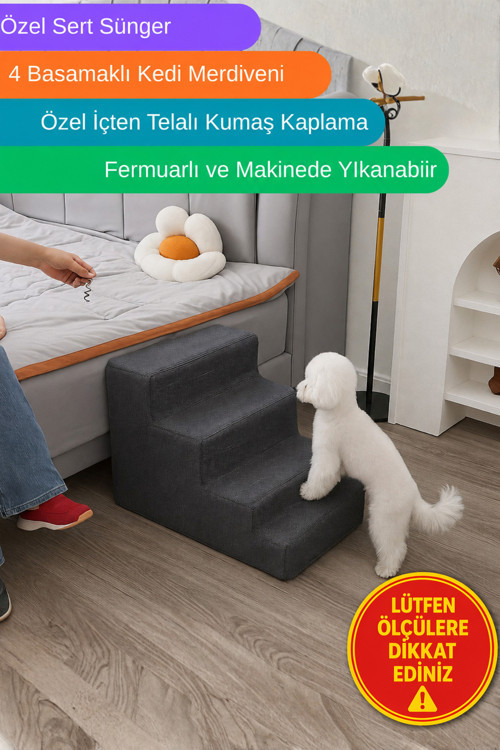 Özel Sünger Ve Özel Kumaşlı 4 Basamaklı Basamaklı Kedi Köpek Merdiveni