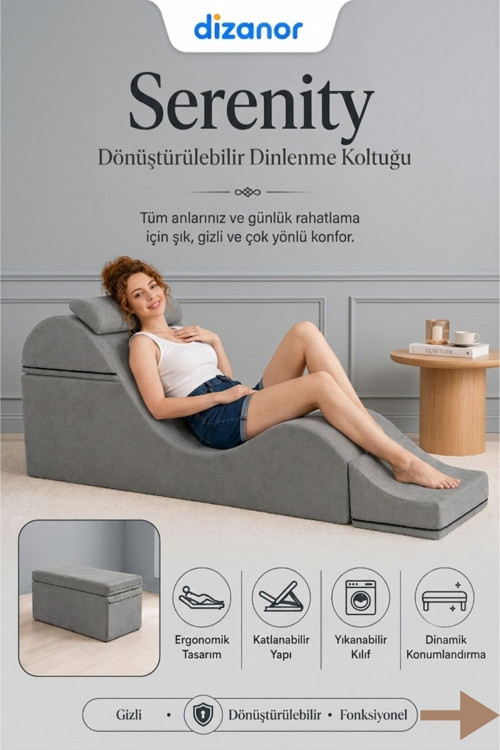 Serenity Çok Amaçlı Dinlenme Koltuğu Katlanabilir Bench Formlu Şezlong Yetişkin Çiftler İçin Ergonomik Destek Minderi - 180 x 50 / Gri