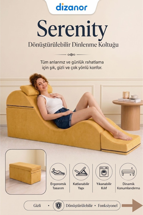 Serenity Çok Amaçlı Dinlenme Koltuğu Katlanabilir Bench Formlu Şezlong Yetişkin Çiftler İçin Ergonomik Destek Minderi - 180 x 50 / Sarı