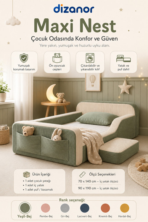 Yeni Nesil Maxi Nest %100 Sünger ve Yıkanabilir Fermuarlı Kumaşa Sahip Bebek, Çocuk ve Genç Montessori Karyola Baza ve Başlık Yatağı Seti - 60 x 120 / Yeşil Fitilli