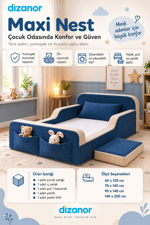Yeni Nesil Maxi Nest %100 Sünger ve Yıkanabilir Fermuarlı Kumaşa Sahip Bebek, Çocuk ve Genç Montessori Karyola Baza ve Başlık Yatağı Seti - 140 x 200 / Lacivert - Bej