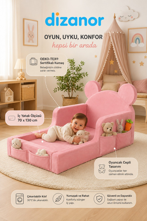 Luxury Tedyy Baza ve Başlıklı Montessori Full Sünger Yatak Seti - 90 x 190 / Pembe