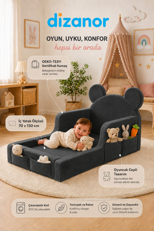Luxury Tedyy Baza ve Başlıklı Montessori Full Sünger Yatak Seti - 90 x 190 / Siyah