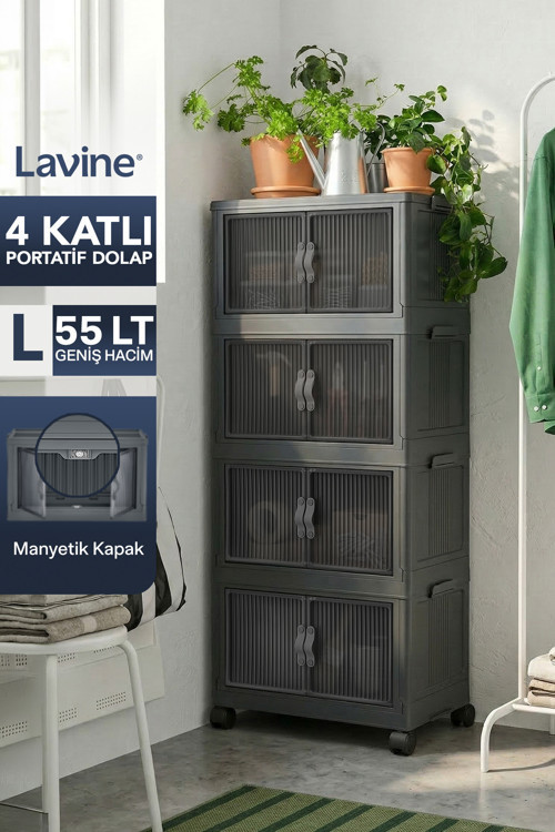 ”Large” 4 Katlı Portatif Organizer Tekerlekli Dolap Çok Amaçlı Mıknatıs Kapaklı Katlanır - Antrasit