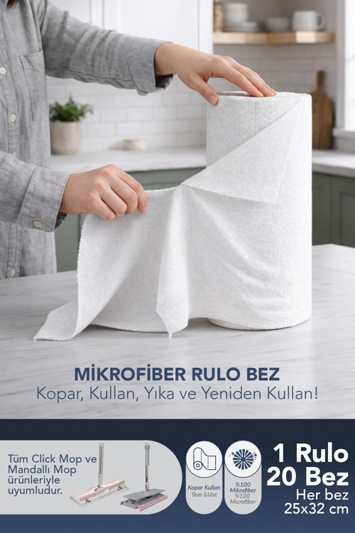(20'Li Rulo) %100 Mikrofiber Temizlik Bezi 25X32 Büyük Ebat 4Xl Kopar Kullan Çok Amaçlı - Beyaz