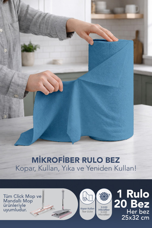 (20'Li Rulo) %100 Mikrofiber Temizlik Bezi 25X32 Büyük Ebat 4Xl Kopar Kullan Çok Amaçlı - Mavi