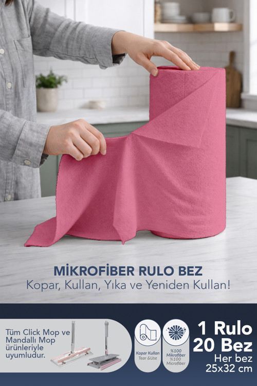 (20'Li Rulo) %100 Mikrofiber Temizlik Bezi 25X32 Büyük Ebat 4Xl Kopar Kullan Çok Amaçlı - Pembe