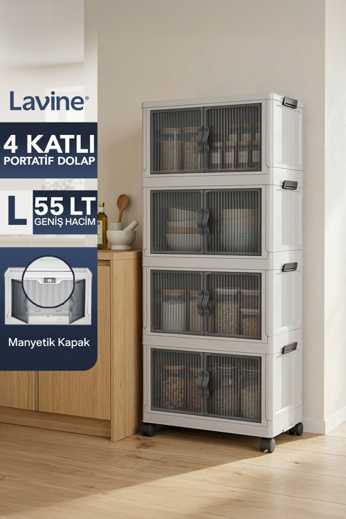 ”Large” 4 Katlı Portatif Organizer Tekerlekli Dolap Çok Amaçlı Mıknatıs Kapaklı Katlanır - Beyaz