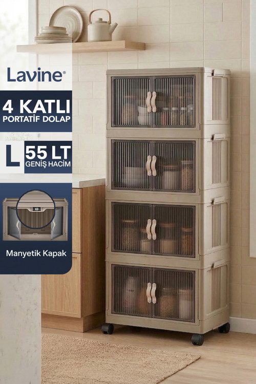 ”Large” 4 Katlı Portatif Organizer Tekerlekli Dolap Çok Amaçlı Mıknatıs Kapaklı Katlanır - Toprak