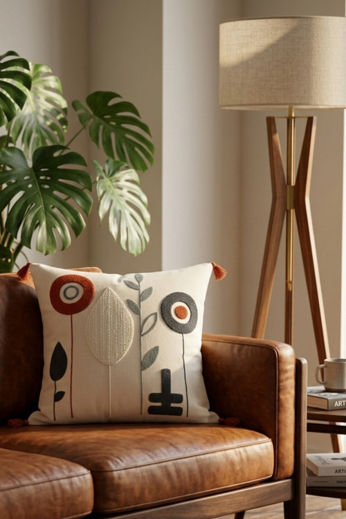 Renkli Modern Çiçek Desenli Kabartmalı Punch Nakışlı Püsküllü Pamuk Dekoratif Kırlent Kılıfı 42X42 Cm