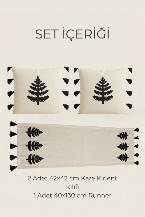 Ağaç Nakışlı Kırlent Runner Seti – 2 Adet 42X42 Cm Kırlent Kılıfı + 1 Adet 40X130 Cm Runner