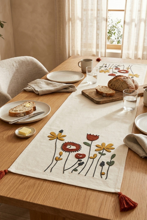 Poppy Garden Punch Nakışlı Çiçekli Runner 40X130 Cm Pamuk Panama Keten