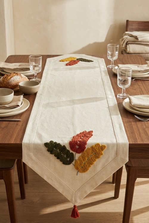 Autumn Leaf Punch Nakışlı Runner 40X130 Cm Pamuk Panama Keten