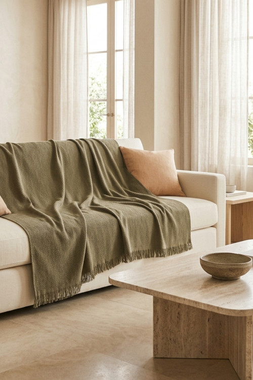 İskandinav Dokulu Pamuklu Saçaklı Koltuk Örtüsü Ve Koltuk Şalı Kaymaz Terletmez 170X200 Cm