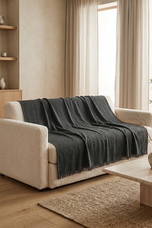 İskandinav Dokulu Pamuklu Saçaklı Koltuk Örtüsü Ve Koltuk Şalı Kaymaz Terletmez 170X200 Cm
