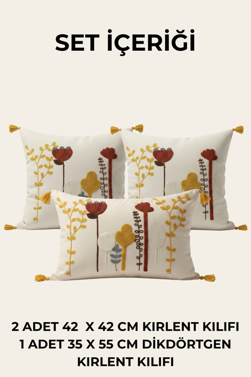 Bohem Kır Bahçesi Punch Nakışlı 3'Lü Kırlent Kılıfı Seti 2 Adet 42X42 Cm + 1 Adet 35X55 Cm