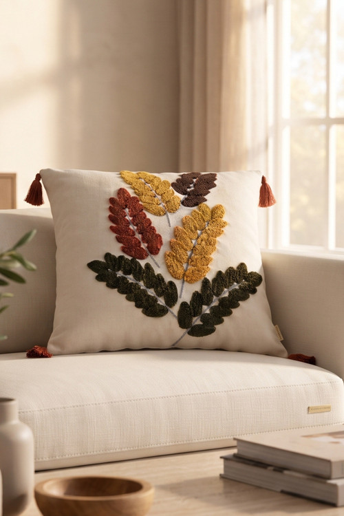 Botanik Bahçe Renkli Çiçek Motifli Kabartmalı Punch Nakışlı Püsküllü Kırlent Kılıfı 42X42 Cm