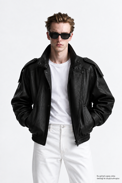 Erkek Oversize Rahat Kalıp Siyah Suni Deri Ceket-002419