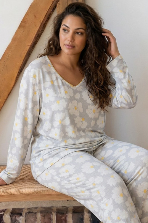 Desenli Büyük Beden Battal Boy Viskon Örme Pijama Takım 26224845