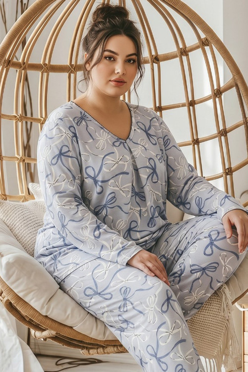 Desenli Büyük Beden Battal Boy Viskon Örme Pijama Takım 26224851