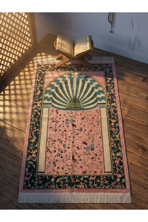 Pembe Çiçek Motifli Şönil Seccade Örgü Püsküllü Sade Hediyelik Standart Boyut