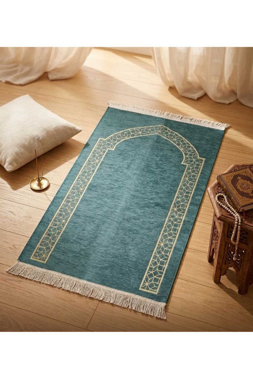 Yeşil Şönil Seccade Örgü Püsküllü Sade Hediyelik Standart Boyut