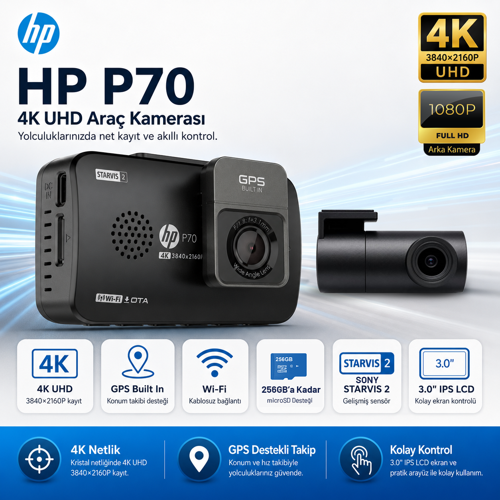 Araç İçi Ön ve Arka Kamera P70 Black, HD Araçiçi Kamera, G Sensörlü, Wi-Fi Destekli (Resmi Distribütör Garantili)