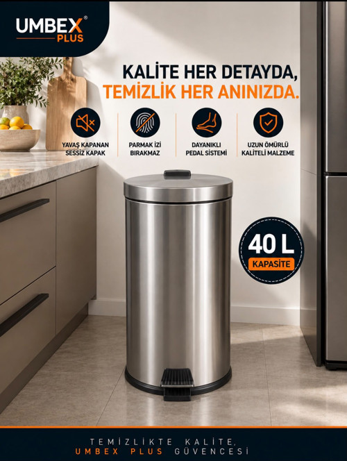 40 LT KROM METAL ÇÖP KOVASI ÇÖP KUTUSU PEDALLI AMORTISORLU PASLANMAZ KAPAK