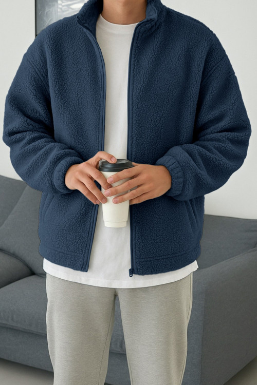 Erkek Pro Termal İç Dış Sherpa Sonbahar Kış Tam Fermuarlı Peluş Sweatshirt